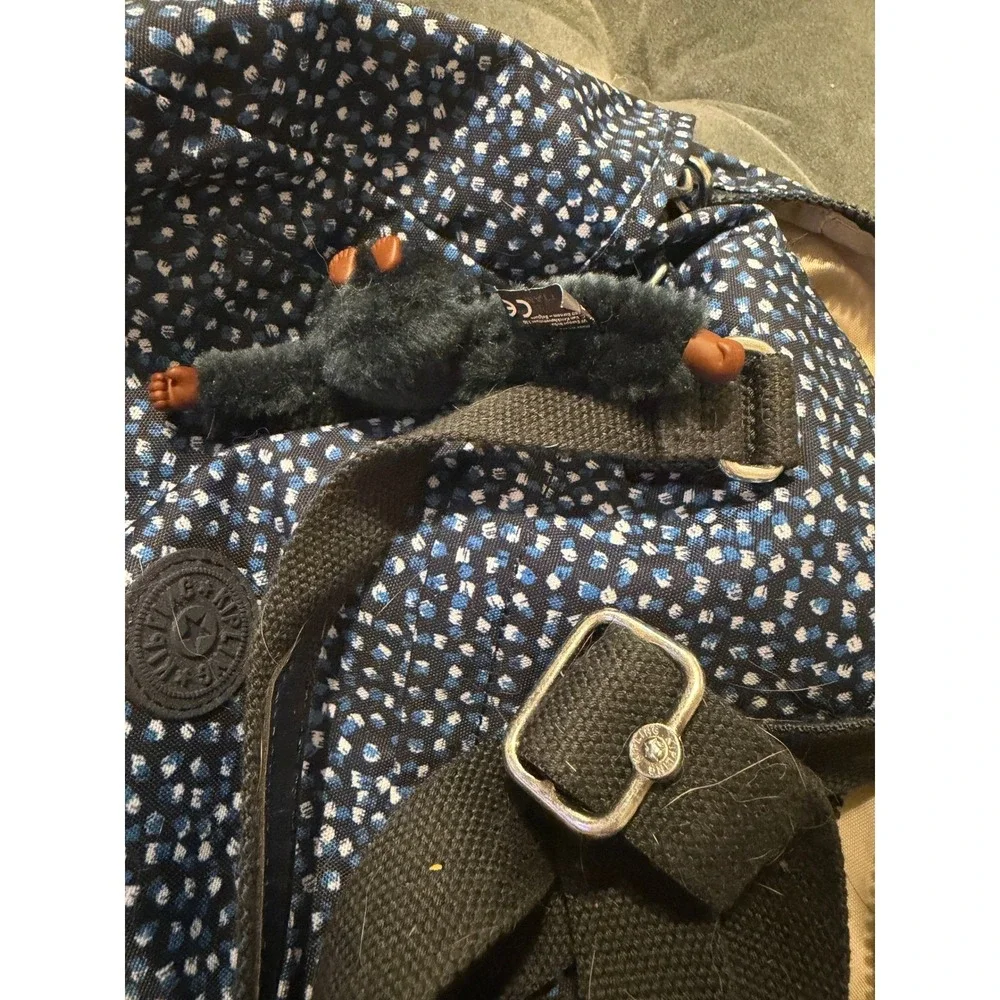 Kipling Satchel Bag Blue White Dot Print Monkey Charm Top Handle Crossbody